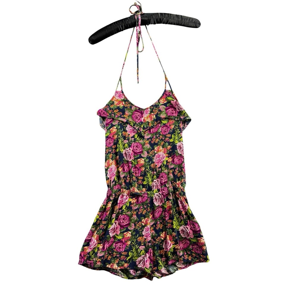 Belle de Jour Floral Halter Romper Large Pink Rose Print Boho Festival Summer